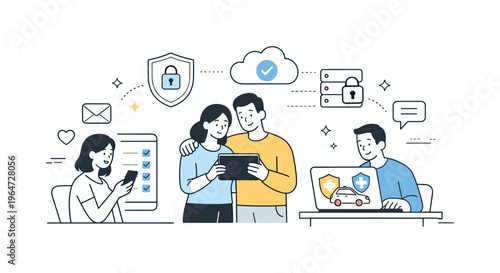 Customer-centric insurtech experience. Clean scene of customers interacting with digital insurance services across devices, supported by secure systems in the