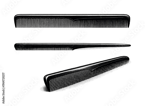 Fine-tooth comb A fine-tooth comb shown as a single object, presented in top, profile, and three-quarter views highlighting dense teeth and slim proportions.