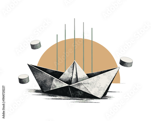 A black-and-white vintage-style origami boat viewed from slight angle, layered collage composition with a warm sand-colored semicircle rising behind and thin