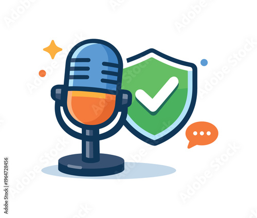 Brand spokesperson concept illustrated as a microphone paired with a subtle shield or check symbol, suggesting reputation management and message control. The