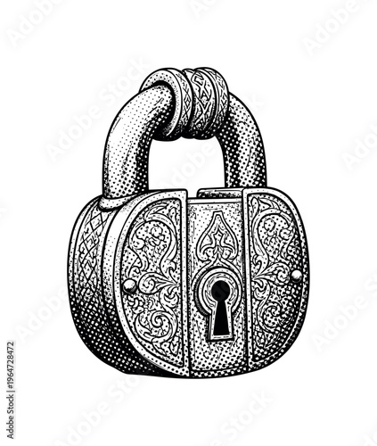 A heavy gothic chain lock with engraved metal surfaces and decorative medieval patterns, shown as a single object, black and white halftone illustration, bold