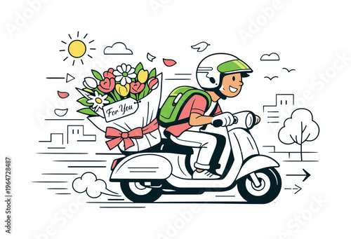 Springtime Flower Courier. Flower Delivery Courier. A smiling courier riding a scooter with a large bouquet