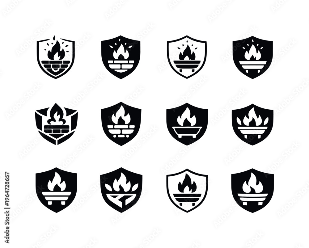Obraz premium Installing an outdoor fire pit. Icon set. Set Logo of Installing an outdoor fire pit: spark shield. harmonious logo variations of the same emblematic concept,