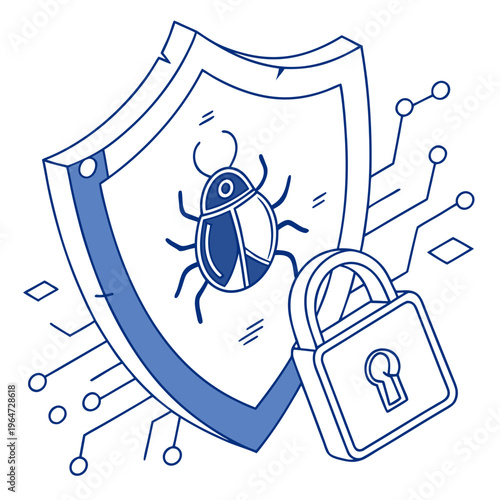 Blue shield with bug and lock on white background security