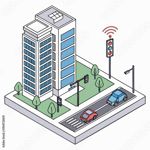 Isometric city street with building and traffic light cars