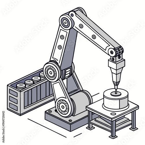 Industrial robotic arm performing drilling operation on cylindrical manufacturing automation