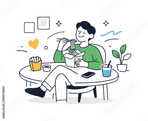 Home dining. A person enjoying delivered food at home, relaxed posture and quiet comfort. Cozy mood with abstract shapes suggesting ease and satisfaction.