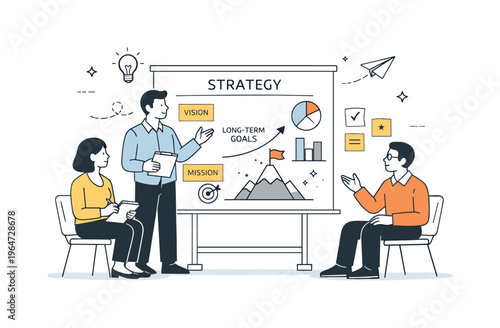 Corporate strategy planning. Calm editorial scene with a small team discussing goals around a large strategy board, charts and notes showing