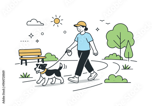 Urban park with dog. A person walking a dog along a park path, simple trees and benches nearby, relaxed body language. The mood is friendly, social, and