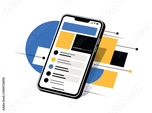 Black and white close-up of a smartphone screen with bold app interface blocks, intersected by large blue semicircle and mustard yellow rectangular shapes,