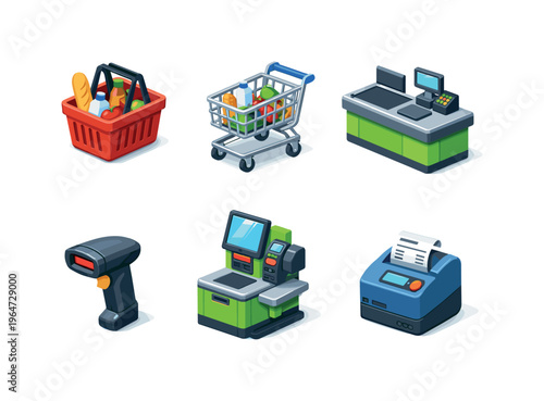 Supermarket shopping. Isometric flat vector icons set of supermarket shopping: shopping basket, grocery cart, checkout counter, barcode scanner, self checkout