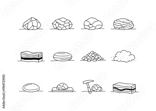 Types and Forms of Coal. Minimalistic set one-line drawing anthracite chunk, bituminous coal piece, subbituminous rock, lignite fragment, coal seam layer cross