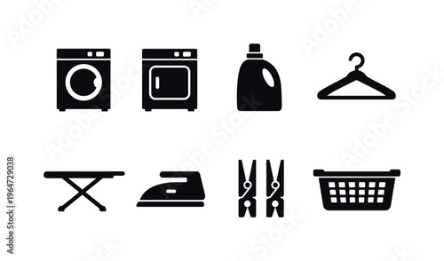 Laundry Care. Filled icon set of Laundry Care: washing machine, dryer, detergent bottle, clothes hanger,
