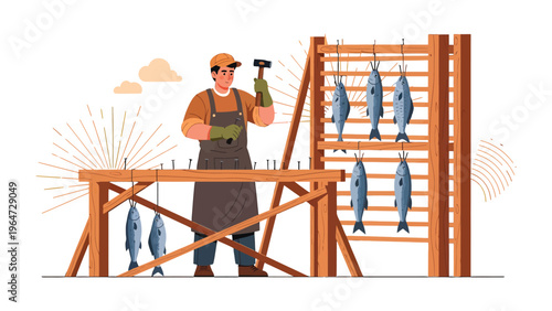 Fish Drying Process: A diligent artisan diligently works with fish, expertly hanging them on a wooden rack, ensuring each one dries perfectly.
