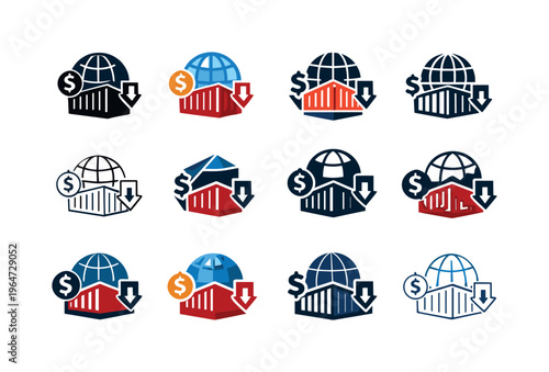 The impact of tariffs and trade policies on global commerce. Icon set. Set Logo of the impact of tariffs and trade policies on global commerce: shipping