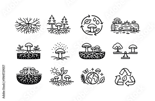 Mushroom Ecology. Line icon set of Mushroom Ecology: mycelium network, forest symbiosis, nutrient cycle, decomposing wood, soil health, fungal spores spread,