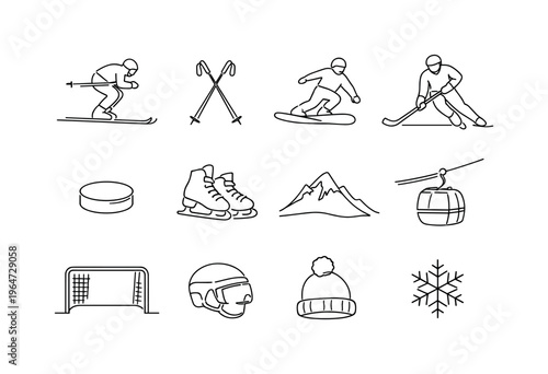 Winter Sports Like Skiing and Ice Hockey. Minimalistic set one-line drawing skier downhill pose, ski poles crossed, snowboarder carving, ice hockey player with