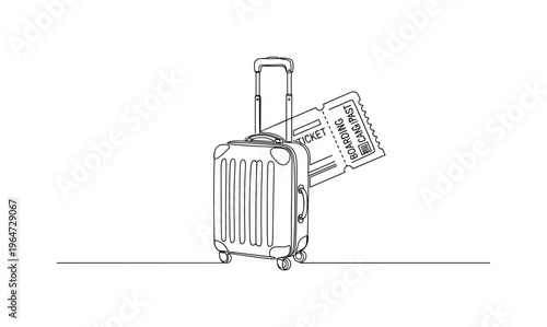 Vacation Journey Concept. Minimalistic one-line drawing rolling luggage with boarding pass ticket overlapping, continuous single black line on white