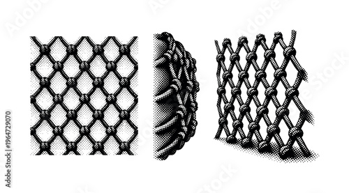 Fishing net mesh section A realistic fishing net mesh section represented as one object in three views: flat frontal grid view, side depth profile view, and