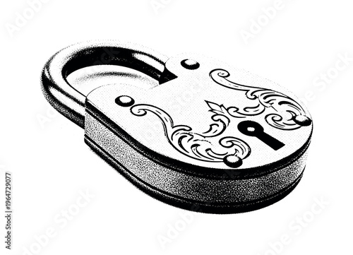 A decorative antique padlock with engraved flourishes and soft baroque curves, slightly angled and isolated, black and white halftone illustration, dense