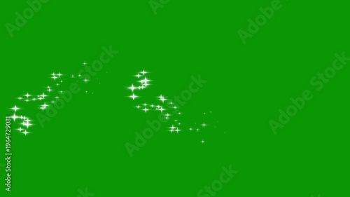 Glitter sparkle trail animation, glowing fairy dust stars, twinkling white particles, dreamy shimmer motion, magical glitter burst effect, chroma key green screen background, 4k