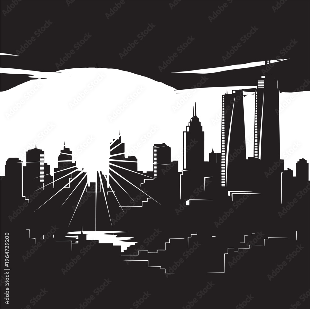 Fototapeta premium Cityscape silhouette with skyscrapers and sunburst through urban landscape featuring black, white, illustration with graphic and vector elements for