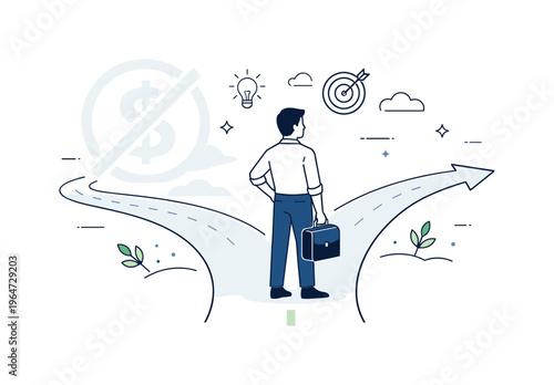 Ethical decision at work. A person calmly choosing a clear path while a crossed-out money symbol fades in the background. The scene suggests moral strength and