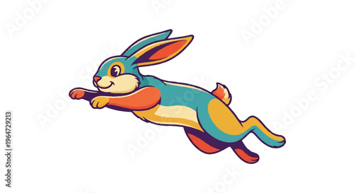 Cartoon rabbit in mid air motion with colorful design isolated