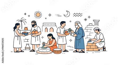 Ancient civilizations daily life. Calm editorial scene showing people in simple ancient clothing exchanging goods and working together. Peaceful everyday