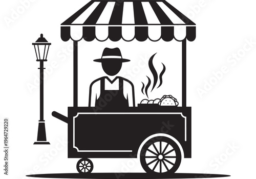 Cart food vendor with striped awning and steaming hot food on the cart featuring hat, apron, cooking with cooking on the go and black and white