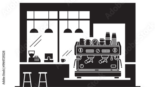 Coffee shop interior with espresso machine and bar area, modern minimalist style featuring cafe, restaurant, drink with beverage and black elements