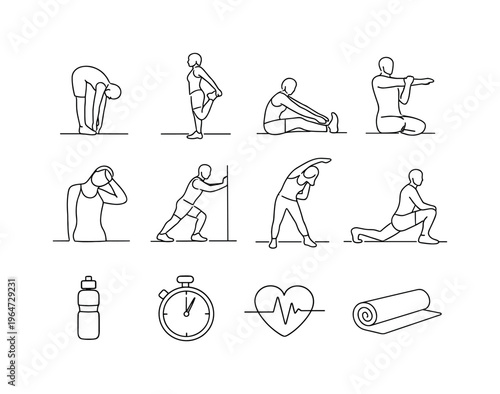 Stretching After Cardio. Minimalistic set one-line drawing person touching toes stretch, standing quad stretch, seated hamstring stretch, arm cross-body