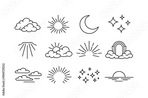 Heavens. Line icon set of Heavens: celestial clouds, radiant sun rays, moon crescent, shining stars, heavenly light beam, open sky, divine glow, cloud gateway,