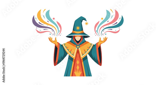 Magician performing magic with colorful energy isolated on white