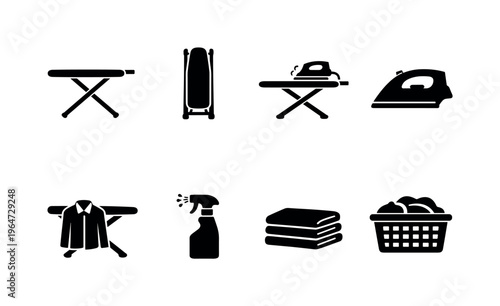 Ironing Board. Filled icon set of Ironing Board: ironing board open, ironing board folded, steam iron on board