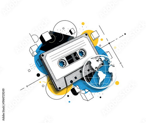 cassette tape space detail with abstract geometric blocks circles and lines, black and white detailed cassette tape floating near earth globe with white