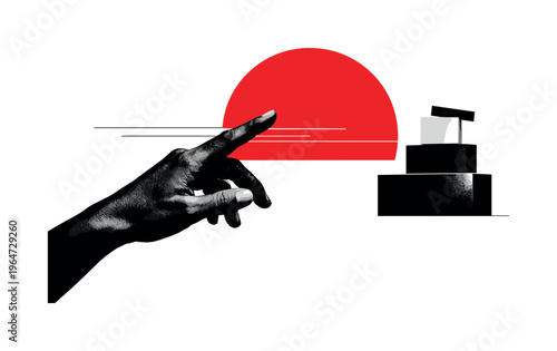 black and white close-up of a hand reaching diagonally, fingertip intersecting a large red semicircle sun, abstract rectangular blocks balancing the opposite