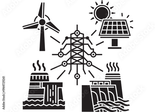 Energy icons set with sustainable power generation and transmission featuring wind turbine, solar panel, hydroelectric dam with electricity and
