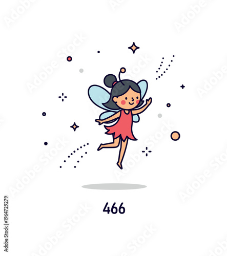 Little playful fairy cute tiny fairy hovering in mid-air with sparkling trails and subtle decorative accents around for a whimsical illustration. Minimalist