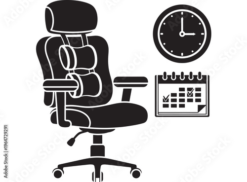 Chair office with adjustable headrest and armrests in black silhouette next to clock and calendar on white background