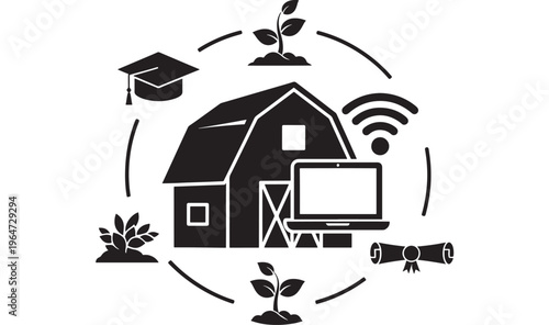 Barn farmhouse icon with graduation cap, plant, WiFi, monitor, and drone around it featuring farm, agriculture, rural with house and building