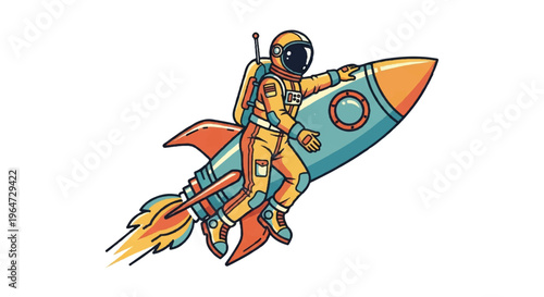 Astronaut in spacesuit riding rocket illustration isolated on white