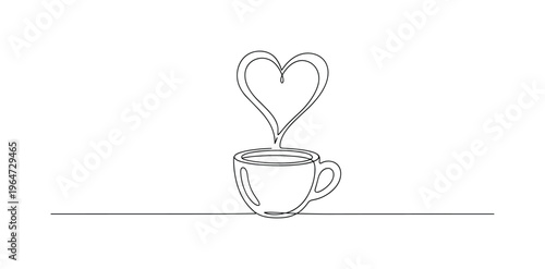 Espresso Mug with Heart Steam. Minimalistic one-line drawing small espresso mug with stylized heart-shaped steam rising, continuous single black line on white