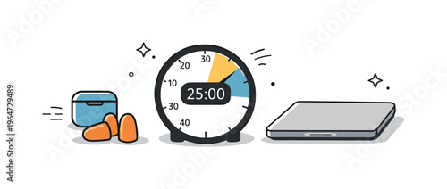 Concentration tools set. Earplugs, a focus timer, and a closed laptop arranged as a simple still life, suggesting distraction-free work. Gentle visual rhythm