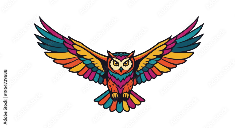 Obraz premium Colorful owl spreading wings isolated on white background vector illustration