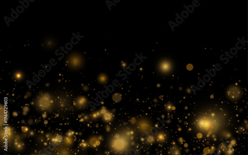 Golden glitter sparkles like tiny stars in motion. Light softly illuminates the dark background. The scene feels magical and festive.