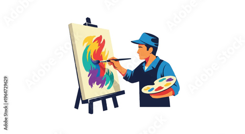 Artist painting abstract artwork on easel colorful creative concept