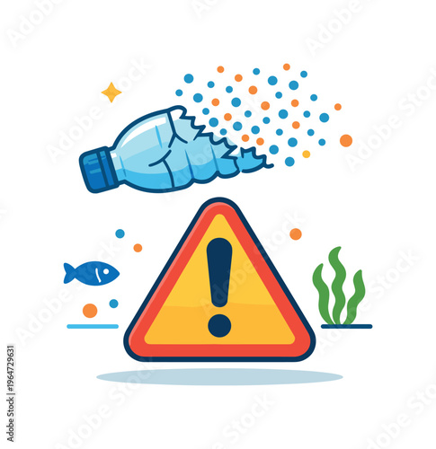 Microplastic contamination fear consumer awareness concept shown as a plastic bottle breaking into tiny dots above a warning icon, conveying overuse, breakdown