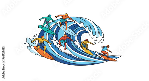 Surfers riding wave graphic illustration isolated white background