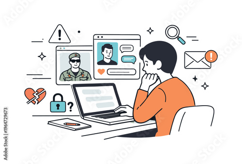 Romance scam detection. A calm editorial scene of a person reviewing chat messages and profile photos on a laptop. The mood feels cautious and attentive, with